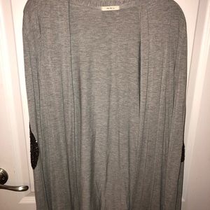 grey cardigan with sequined elbow patches